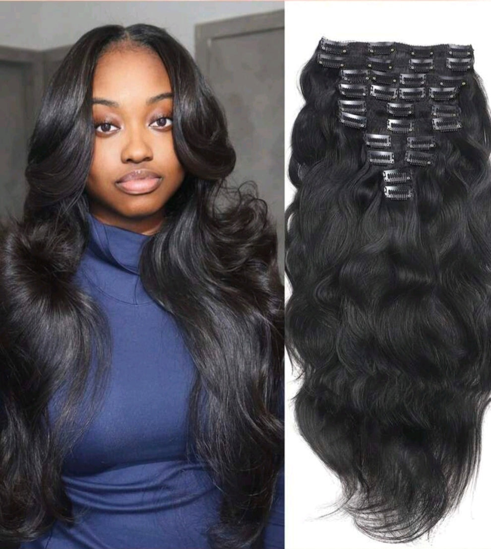 Natural Black Wave Clip in Hair Extensions  10pcs